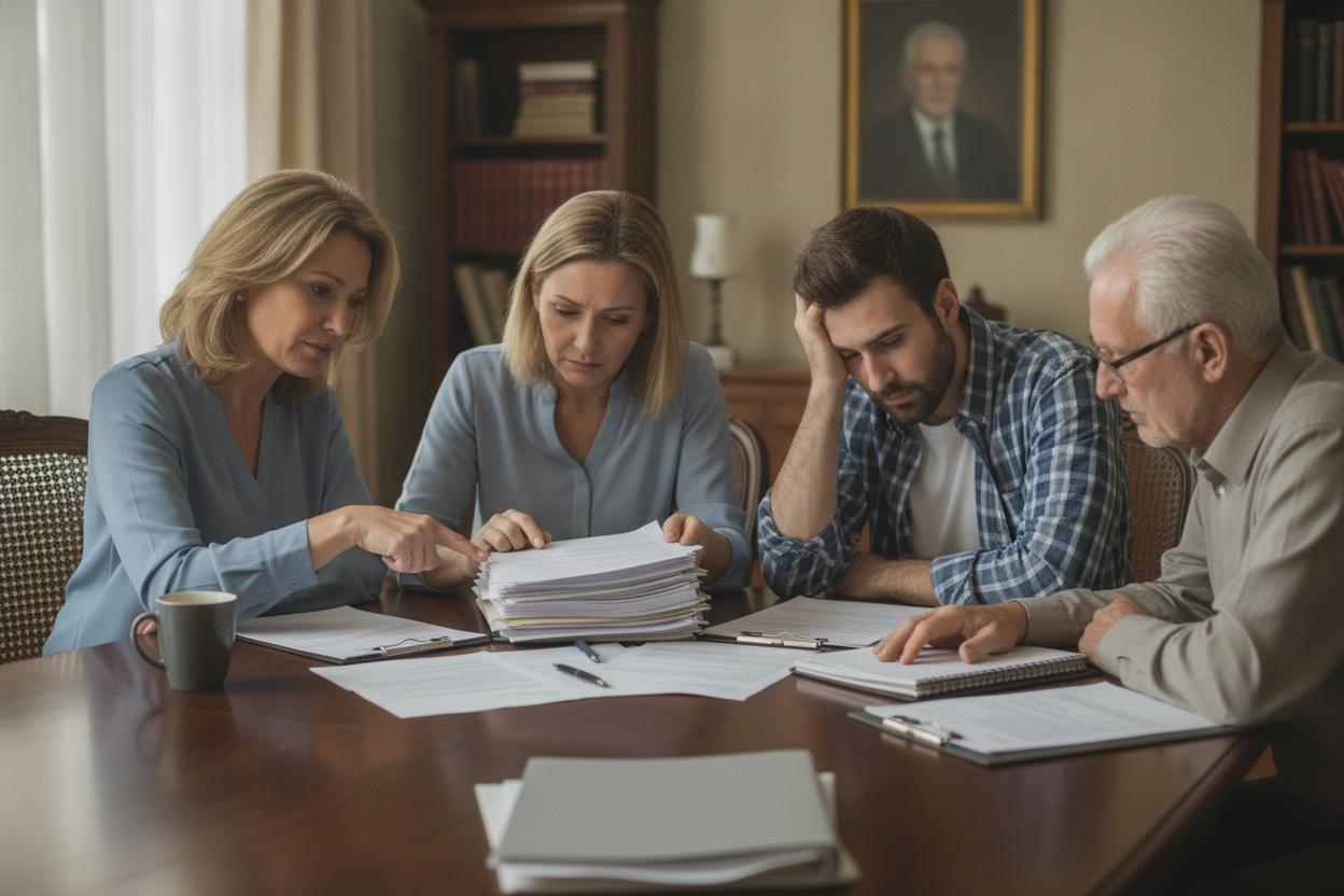 Family discussing legal documents at a table, appearing focused and concerned in a home library setting